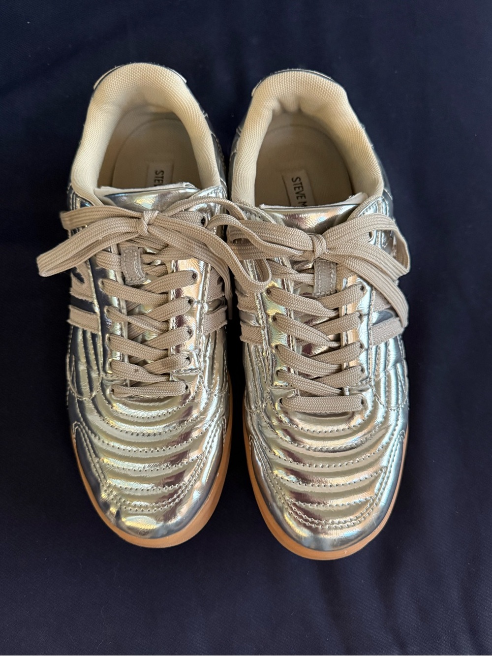 Steve Madden Silver Metallic Quilted Lace-Up Sneakers with Tan Laces